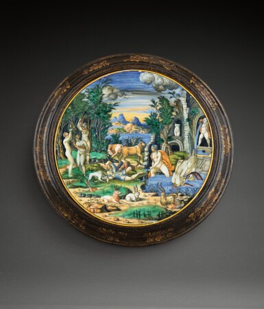 View full screen - View 1 of Lot 119. Large maiolica plate with Diana and Acteon.