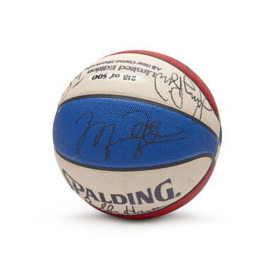 View full screen - View 1 of Lot 13. 1990 3-Point Competition Money Ball and All-Star Ticket | Signed by Michael Jordan and Participants.