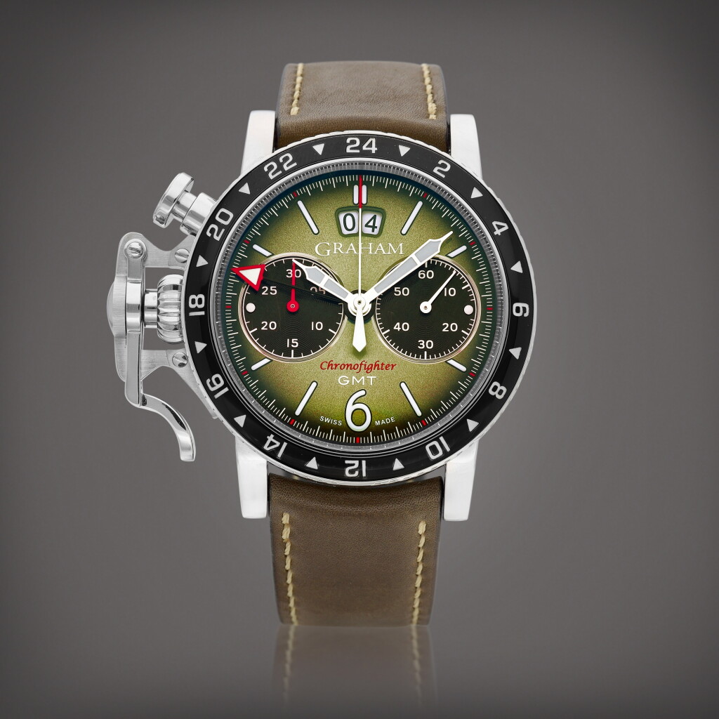 View full screen - View 1 of Lot 8846. Chronofighter Vintage GMT, Reference 2CVBC.G01A | A stainless steel left-handed chronograph dual time zone wristwatch with digital date display, Circa 2022 | Chronofighter Vintage GMT 型號2CVBC.G01A | 精鋼左手計時兩地時間腕錶,備數位日期顯示,約2022年製.