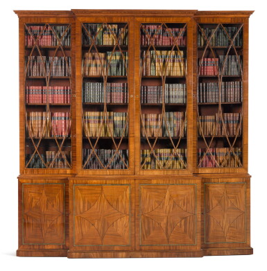 View full screen - View 1 of Lot 59. A Regency brass inlaid and ebony strung mahogany breakfront library bookcase, circa 1815.