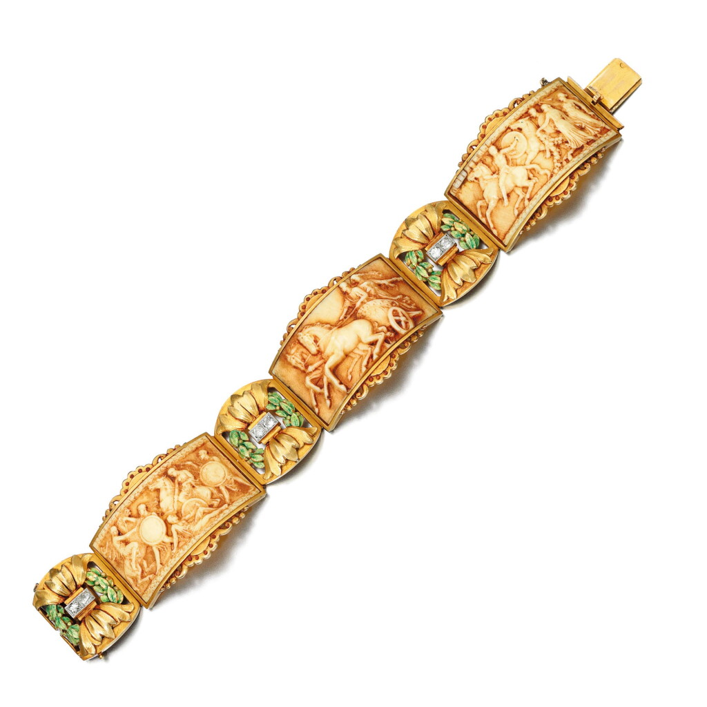 View full screen - View 1 of Lot 224. IVORY, ENAMEL AND DIAMOND BRACELET, ATTRIBUTED TO FUSET Y GRAU, CIRCA 1920.