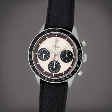 View full screen - View 1 of Lot 114. Daytona 'Paul Newman', Reference 6241 | A stainless steel chronograph wristwatch with bracelet | Circa 1968 | 勞力士 | Daytona 'Paul Newman' 型號6241 | 精鋼計時鏈帶腕錶,製作年份約1968.