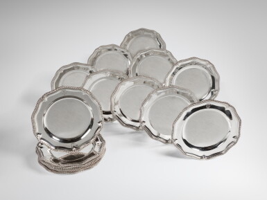 View full screen - View 1 of Lot 655. Royal: A Set of Eighteen George II Silver Dinner Plates, Circa 1740.
