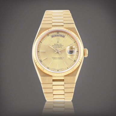 View full screen - View 1 of Lot 137. Oysterquartz Day-Date, reference 19018 Montre bracelet en or jaune avec jour et date | Yellow gold wristwatch with day, date and bracelet Vers 1983 | Circa 1983.