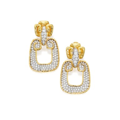 View full screen - View 1 of Lot 108. David Webb | Pair of Gold and Diamond Pendant-Earclips.