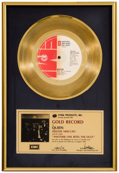 View full screen - View 1 of Lot 2132. Queen – Freddie Mercury's Philippines in-house sales award for 'Another One Bites The Dust'.