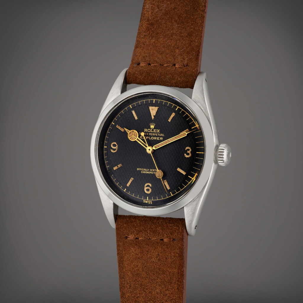 View full screen - View 1 of Lot 437. Reference 6350 Explorer | A stainless steel wristwatch, Circa 1953.