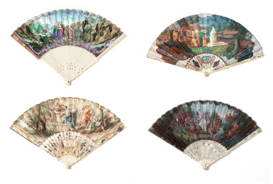 View full screen - View 1 of Lot 163. A group of four brisé fans, probably Austria or France, 18th century Groupe de quatre éventails brisés, probablement Autriche ou France, XVIIIe siècle.