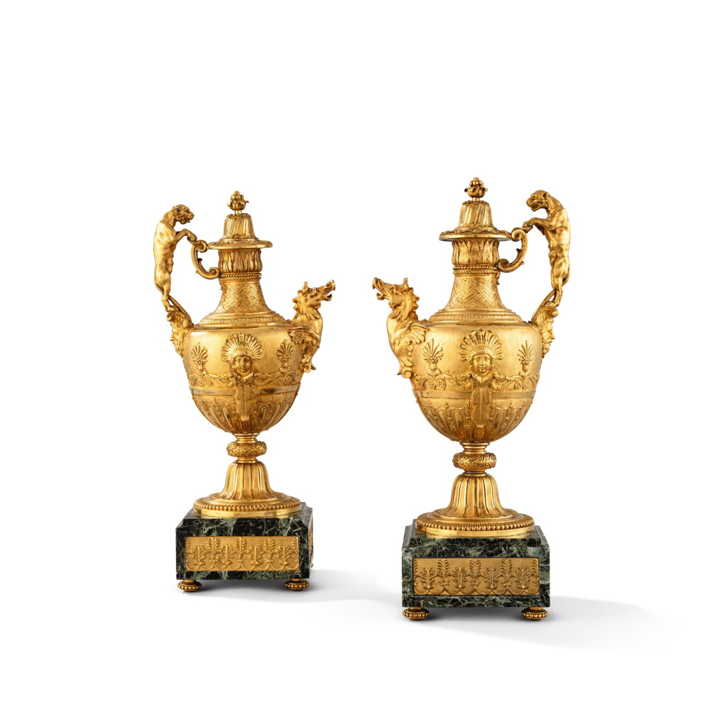 View full screen - View 1 of Lot 44. A pair of Louis XVI gilt-bronze and verde antico marble ewers, circa 1790-1800.
