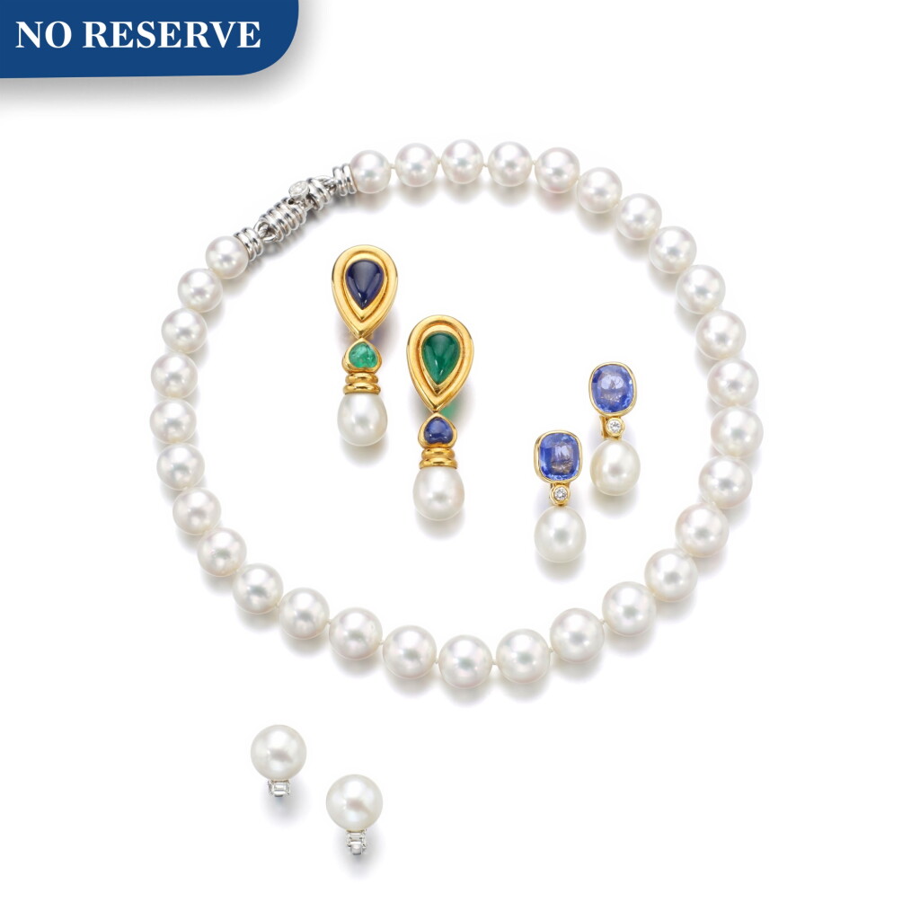 View full screen - View 1 of Lot 1169. Cultured pearl necklace and three pairs of cultured pearl and gem set earrings.