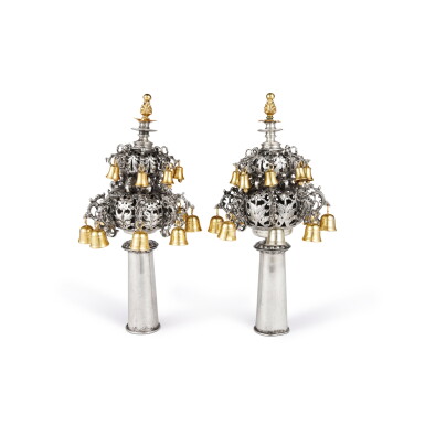 View full screen - View 1 of Lot 161. A Pair of German Parcel-Gilt Silver Torah Finials, Late 17th Century and Later.