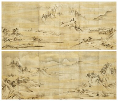 View full screen - View 1 of Lot 1048. Soga Chokuan (active circa 1596-1615), Eight Views of the Xiao and Xiang Rivers (Shosho hakkei), Momoyama period, late 16th - early 17th century | 曽我直庵 瀟湘八景図屏風 桃山時代 16世紀後半〜17世紀初頭.