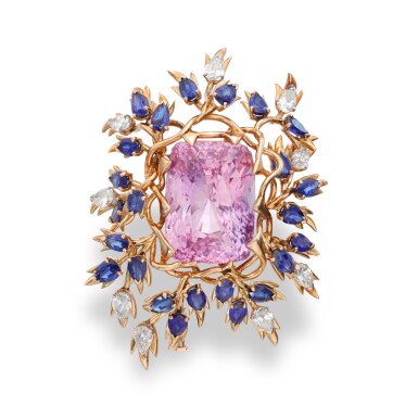 View full screen - View 1 of Lot 348. Unique pink sapphire, sapphire and diamond brooch | Schlumberger 獨一無二粉紅色剛玉、藍寶石及鑽石胸針.