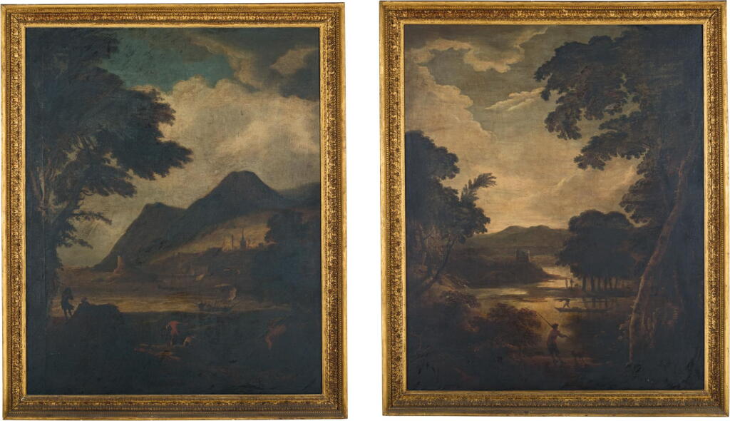 View full screen - View 1 of Lot 22. ATTRIBUTED TO ADRIAEN VAN DIEST | A WOODED RIVER LANDSCAPE WITH A FERRY AND FIGURES BY THE BANKS, A RUINED TOWER AND MOUNTAINS BEYOND; AND A COASTAL LANDSCAPE WITH FIGURES BY THE SHORE AND A VESSEL AT SEA, A TOWN AND MOUNTAINS BEYOND.