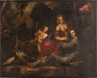 View full screen - View 1 of Lot 56. Portrait of Marcantonio Grillo (1622-1679) as Rinaldo in the garden of the palace of Armida | Portrait historié de Marcantonio Grillo (1622-1679) en Renaud dans les jardins du palais d'Armide.