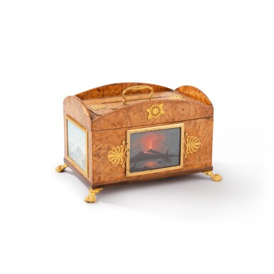 View full screen - View 1 of Lot 566. A Charles X gilt-bronze mounted thuya burr letter casket, circa 1830 | Boîte à lettres en forme de coffret en placage de loupe de thuya et monture de bronze doré d'époque Charles X, vers 1830.