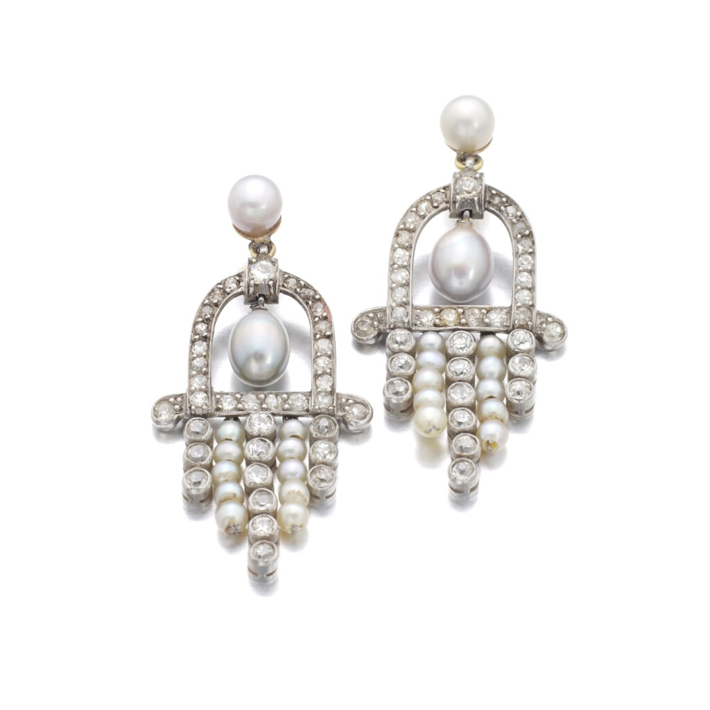 View full screen - View 1 of Lot 560. PAIR OF SEED PEARL AND DIAMOND PENDENT EARRINGS.