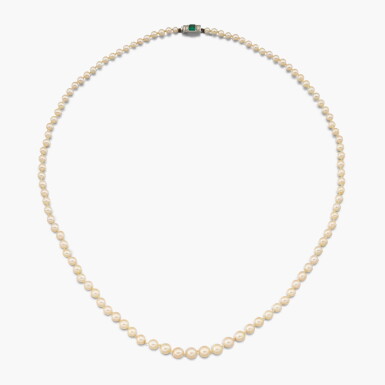 View full screen - View 1 of Lot 95. Natural Pearl, Emerald and Diamond Necklace .