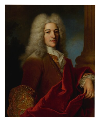 View full screen - View 1 of Lot 611. JEAN-BAPTISTE OUDRY | PORTRAIT OF A GENTLEMAN, HALF LENGTH, IN A POWDERED WIG, BEFORE A COLUMN.