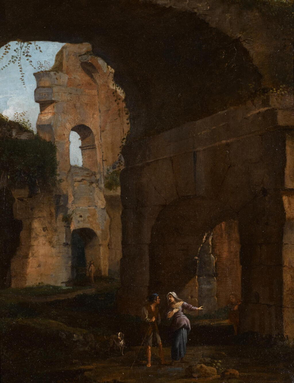 View full screen - View 1 of Lot 12. ROMAN SCHOOL, 17TH CENTURY | Classical ruins with figures conversing in the foreground.