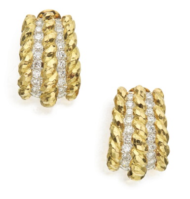 View full screen - View 1 of Lot 316. PAIR OF GOLD AND DIAMOND EARCLIPS, DAVID WEBB .