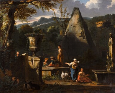 View full screen - View 1 of Lot 354. A capriccio with figures resting near the pyramind of Gaius Cestius and the Borghese Vase.