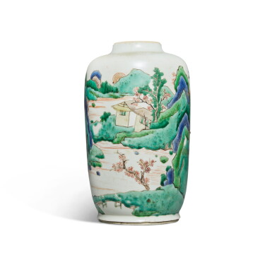 View full screen - View 1 of Lot 94. A famille-verte 'landscape' cylindrical jar, Qing dynasty, Kangxi period .