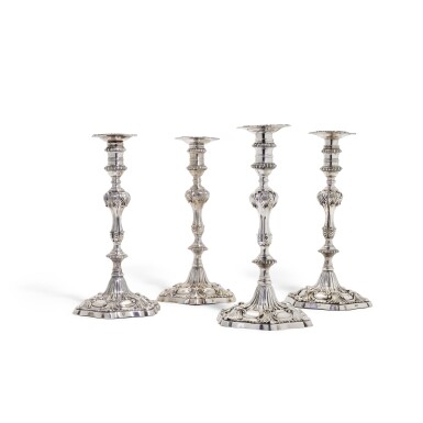 View full screen - View 1 of Lot 77. FOUR MATCHING SILVER TABLE CANDLESTICKS, TWO EBENEZER COKER, LONDON, 1765 AND CIRCA, TWO GEORGE FREDERICK PINNELL, LONDON, 1849.