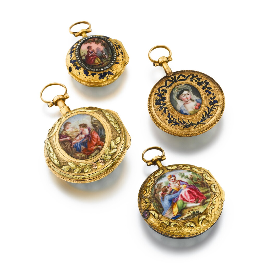 View full screen - View 1 of Lot 1091. A group of four gold and enamel watches, circa 1770.