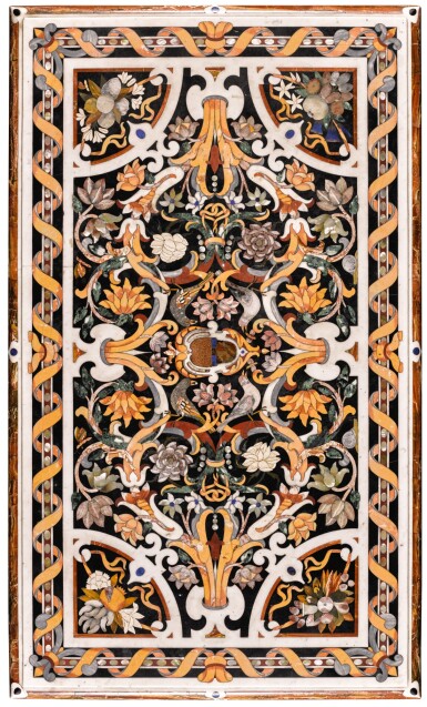 View full screen - View 1 of Lot 54. A SOUTH ITALIAN MOTHER-OF-PEARL, ROCK CRYSTAL, AVENTURINE, MARBLE AND PIETRE DURE INLAID TOP, LATE 17TH CENTURY, NAPLES, CIRCLE OF COSIMO FANZAGO.