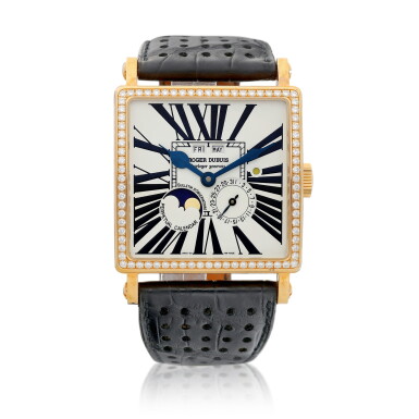 View full screen - View 1 of Lot 8107. Golden Square | A limited edition pink gold and diamond-set perpetual calendar wristwatch with moon phases and leap year indication, Circa 2003 | 羅杰杜彼 | Golden Square | 限量版粉紅金鑲鑽石萬年曆腕錶,備月相及閏年顯示,約2003年製.