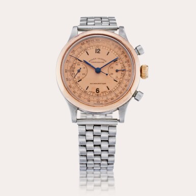 View full screen - View 1 of Lot 197. Reference 3525 'Monoblocco' | A pink gold and stainless steel chronograph wristwatch with bracelet, Circa 1939.