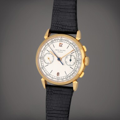View full screen - View 1 of Lot 16. 'Spider Lugs', Reference 1579 | A yellow gold chronograph wristwatch | Circa 1949.