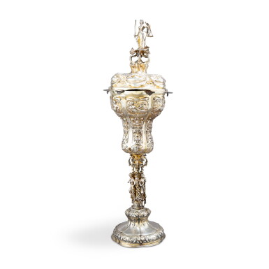 View full screen - View 1 of Lot 200. A large German parcel-gilt silver standing cup and cover, probably Hanau, circa 1890.