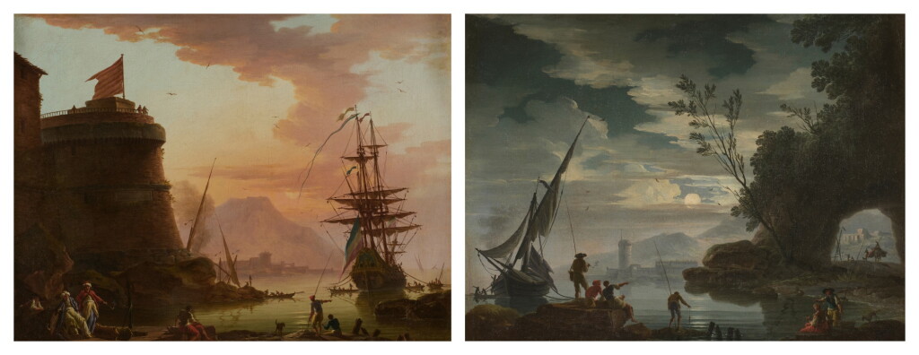 View full screen - View 1 of Lot 115. A pair of southern coastal landscapes: sunset with a ship, characters in oriental dress and fishermen; moonlit scene with fishermen.