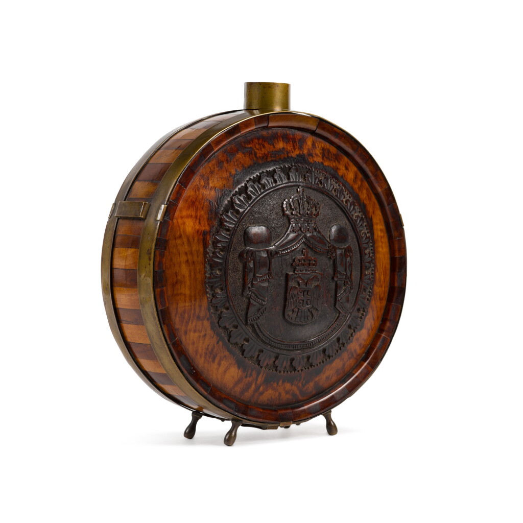View full screen - View 1 of Lot 1784. A Russian or Eastern European Brass-Mounted, Birch and Fruitwood Presentation Flask, Circa 1900.