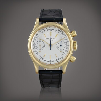 View full screen - View 1 of Lot 601. 'Pulsometer' reference 1463 Montre bracelet chronographe en or jaune et pulsomètre | Yellow gold chronograph wristwatch with pulsometer scale Vers 1966 | Circa 1966.