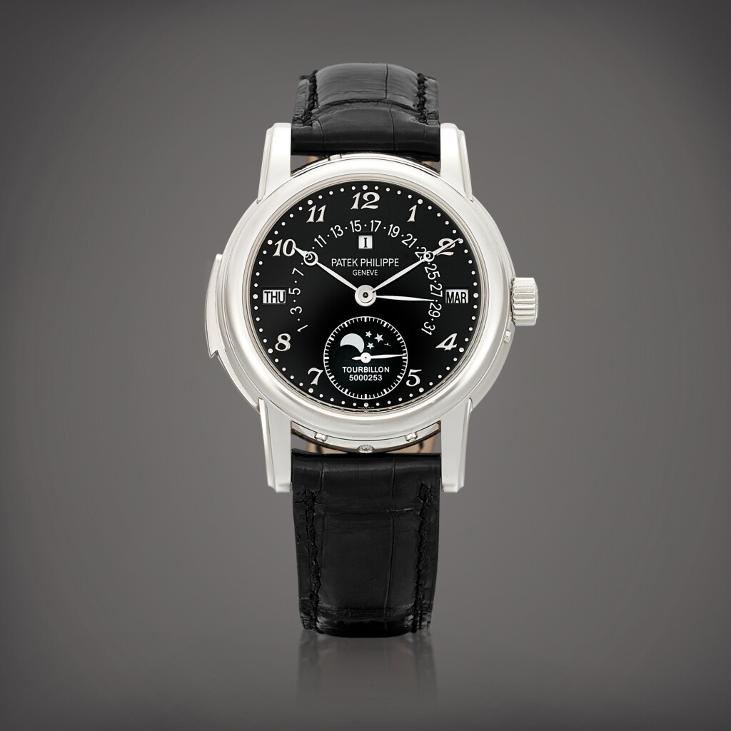 View full screen - View 1 of Lot 2304. Reference 5016 | A platinum minute repeating perpetual calendar tourbillon wristwatch with day, retrograde date, moon phases and leap year indication, Circa 2010 | 百達翡麗 | 型號5016 | 鉑金三問萬年曆陀飛輪腕錶,備逆跳日期、星期、月相及閏年顯示,約2010年製.
