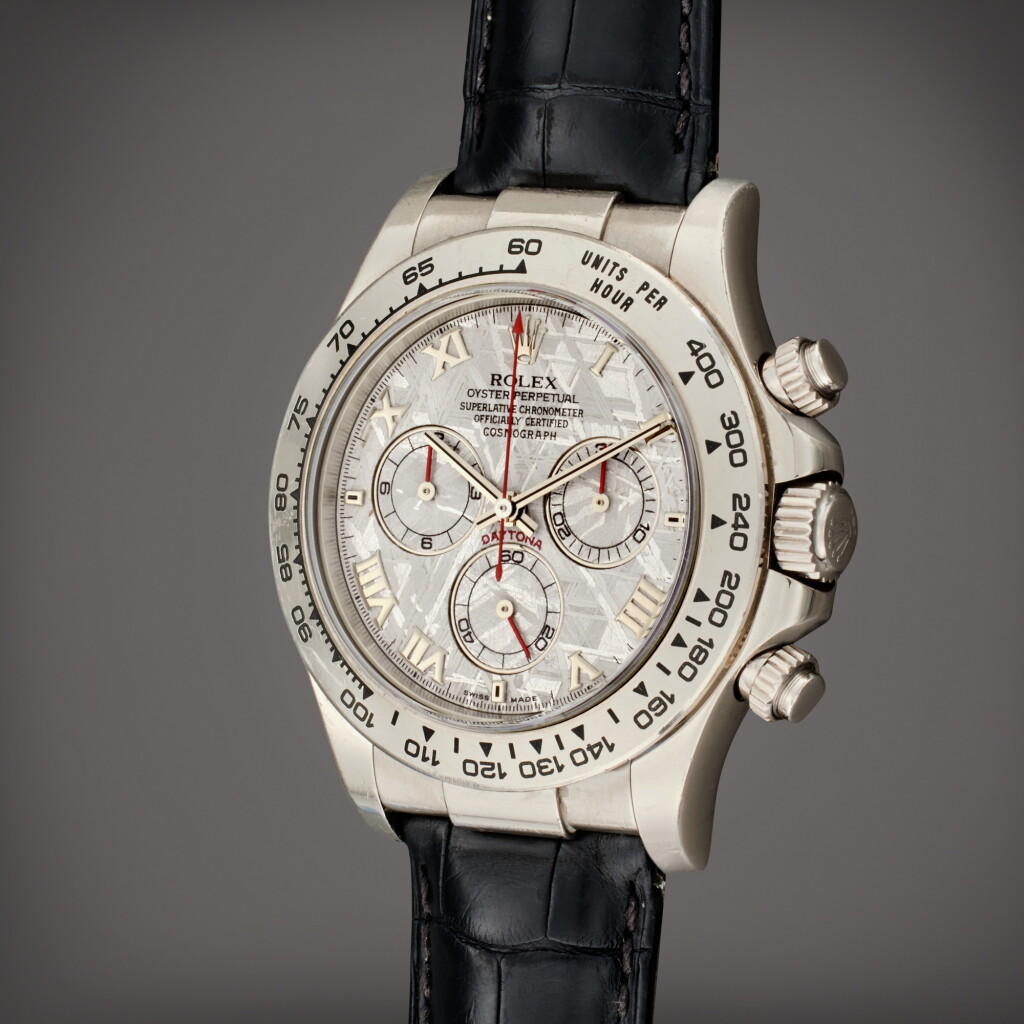 View full screen - View 1 of Lot 13. Reference 116519 Daytona | A white gold automatic chronograph wristwatch with meteorite dial, Circa 2003.
