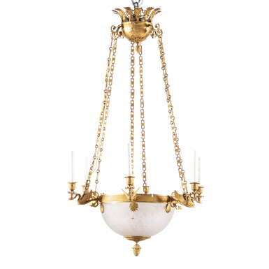 View full screen - View 1 of Lot 20. A Charles X gilt-bronze and frosted glass six-light chandelier, circa 1830.