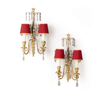 View full screen - View 1 of Lot 338. A pair of Swedish cut-crystal and gilt-bronze twin-branch wall-lights, late 18th/early 19th century.