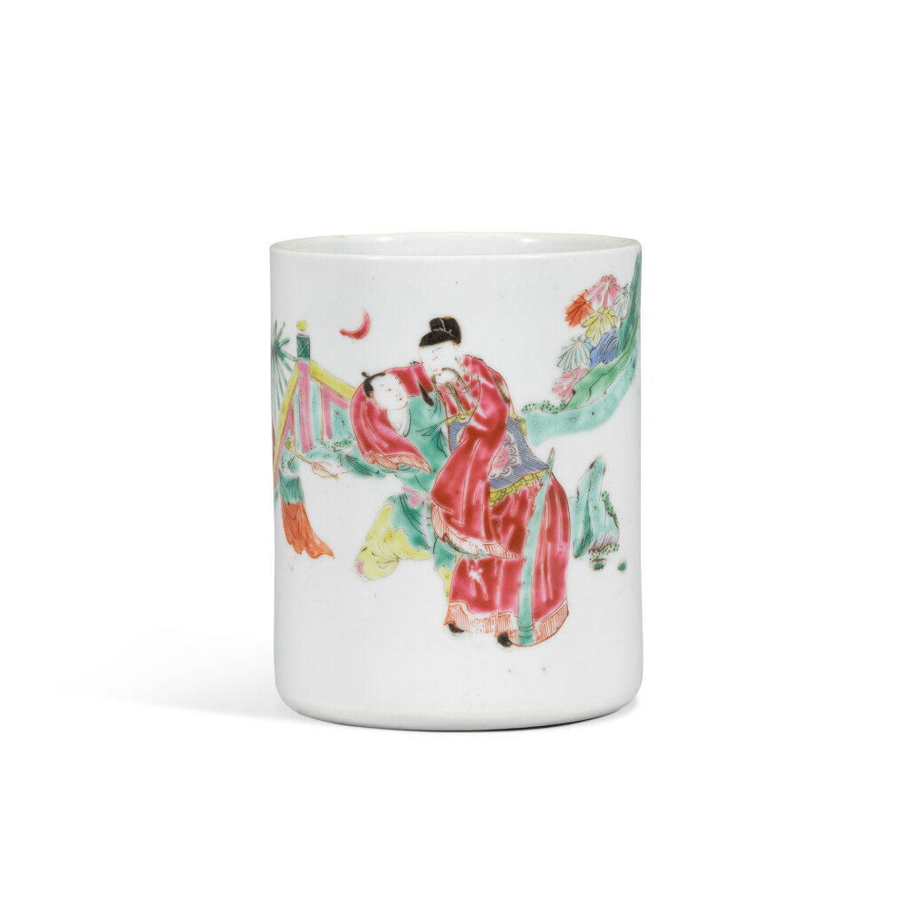 View full screen - View 1 of Lot 254. A famille-rose 'figural' brushpot, Qing dynasty, Yongzheng period.