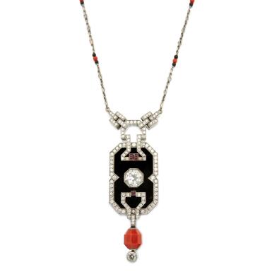 View full screen - View 1 of Lot 171. Onyx, Coral, Diamond and Ruby Pendant-Necklace.