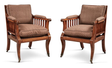 View full screen - View 1 of Lot 158. A Pair of Regency Gilt Metal-Mounted and Brass-Inlaid Mahogany Bergeres, Circa 1810.