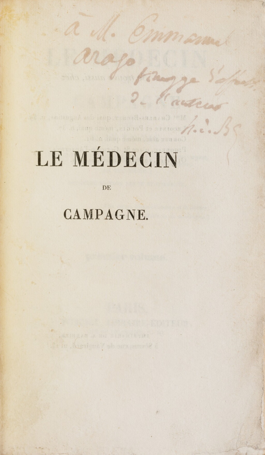 View full screen - View 1 of Lot 48. Le Médecin de campagne. 1834. 4 vol. in-12. Rel. de Pagant. Envoi à Emmanuel Arago..