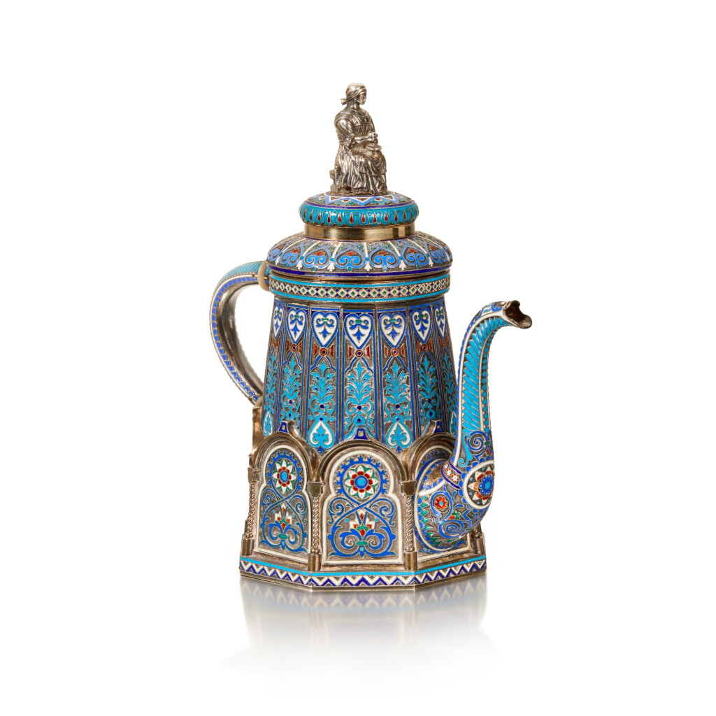 View full screen - View 1 of Lot 207. A silver-gilt and cloisonné enamel coffee pot, Antip Kuzmichev, retailed by Tiffany & Co., Moscow, 1887.
