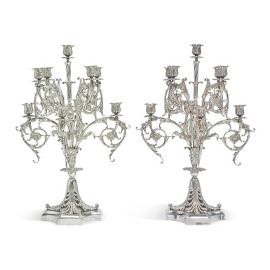View full screen - View 1 of Lot 1826. A MASSIVE PAIR OF AMERICAN SILVER "GEORGE III STYLE" NINE-LIGHT CANDELABRA, DESIGNED BY PAULDING FARNHAM FOR TIFFANY & CO., NEW YORK, 1902-1907.
