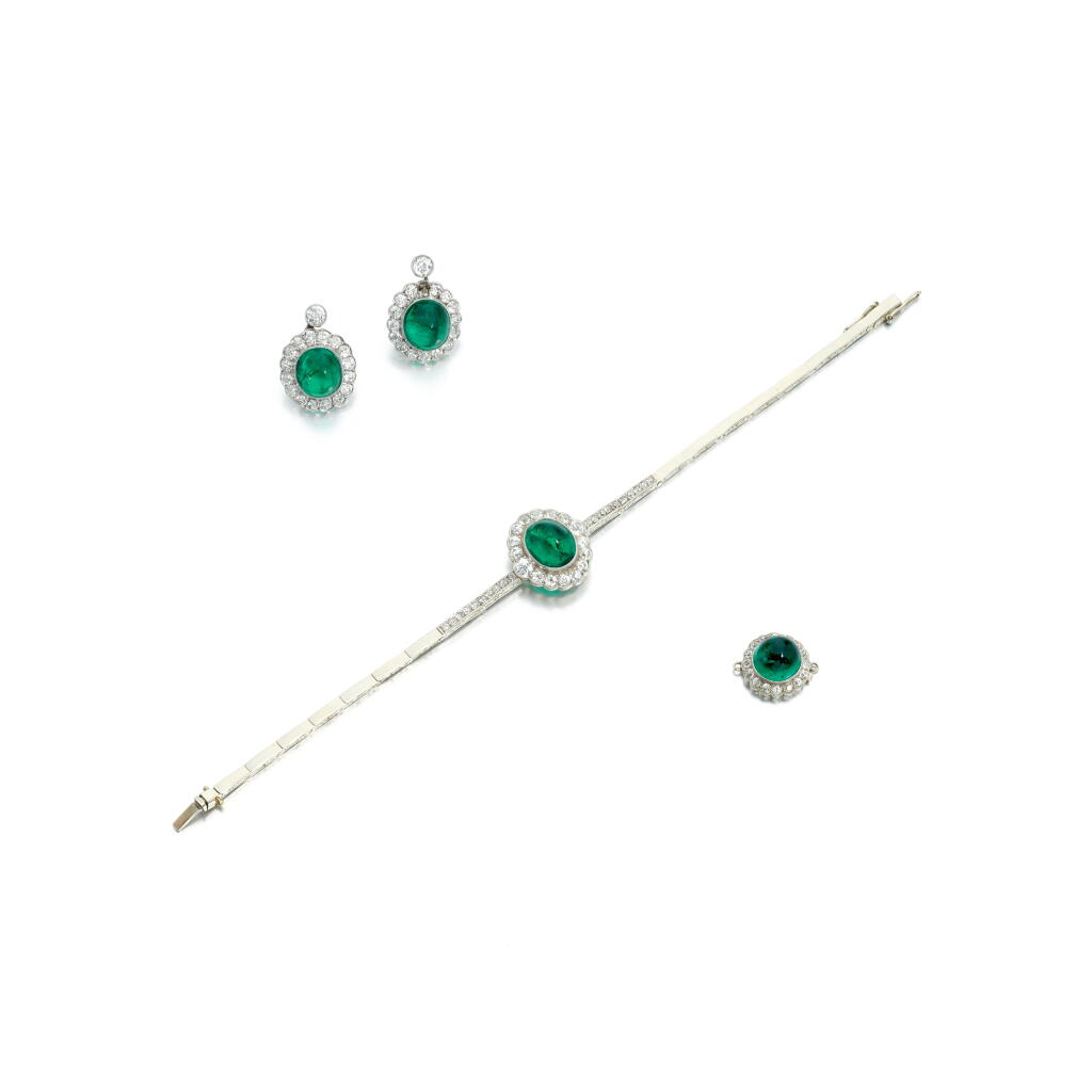 View full screen - View 1 of Lot 1163. Emerald and diamond parure, circa 1910.