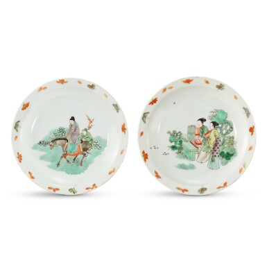 View full screen - View 1 of Lot 341. A pair of wucai 'birthday' dishes, Qing dynasty, Kangxi period 清康熙 五彩人物圖折沿盤一對 《大明成化年製》仿款.