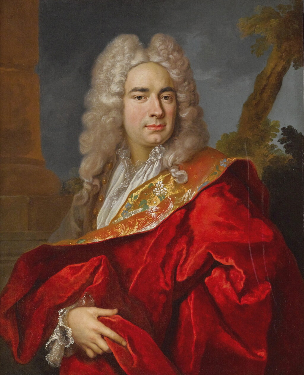 View full screen - View 1 of Lot 537. Portrait of a gentleman, half length, wearing a red cape.